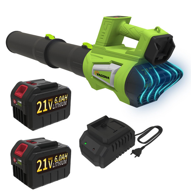 YACONA LEAF BLOWER CORDLESS BRUSHLESS WITH 6AH BATTERY*2 AND CHARGER - GREEN