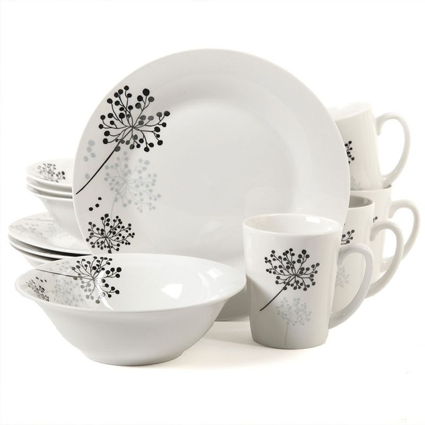 GIBSON NETHERWOOD 12 PC DINNERWARE SET W/BLACK CHERRY DESIGN - WHITE