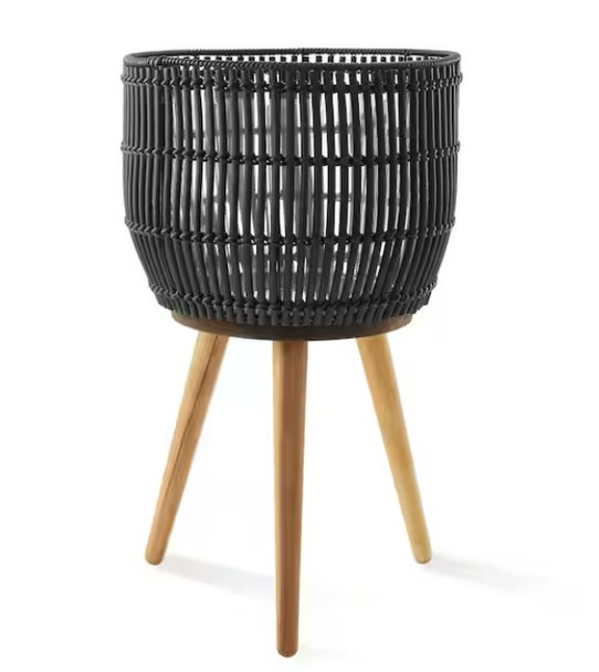 CASAFIELD LARGE BLACK RATTAN ROUND INDOOR PLANTER BASKET STAND - BLACK