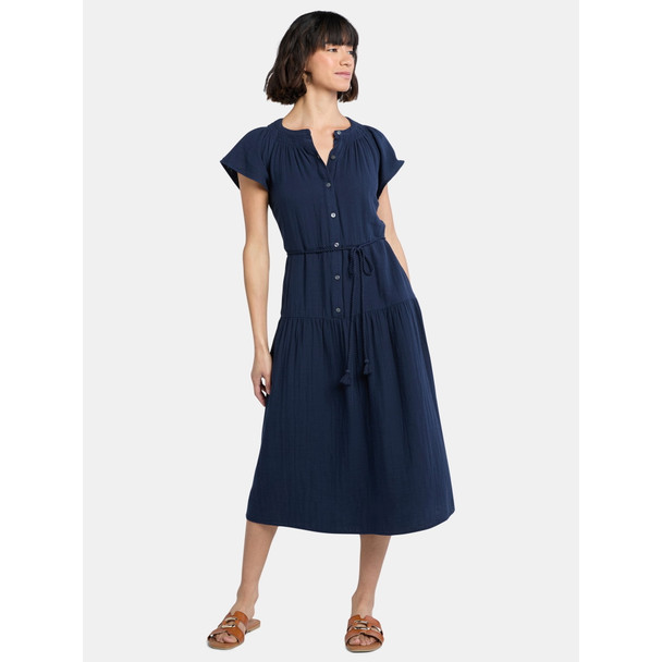 TIME AND TRU WOMEN'S DOUBLE CLOTH COTTON MIDI DRESS - SIZE: WOMEN XL - DARK NAVY New