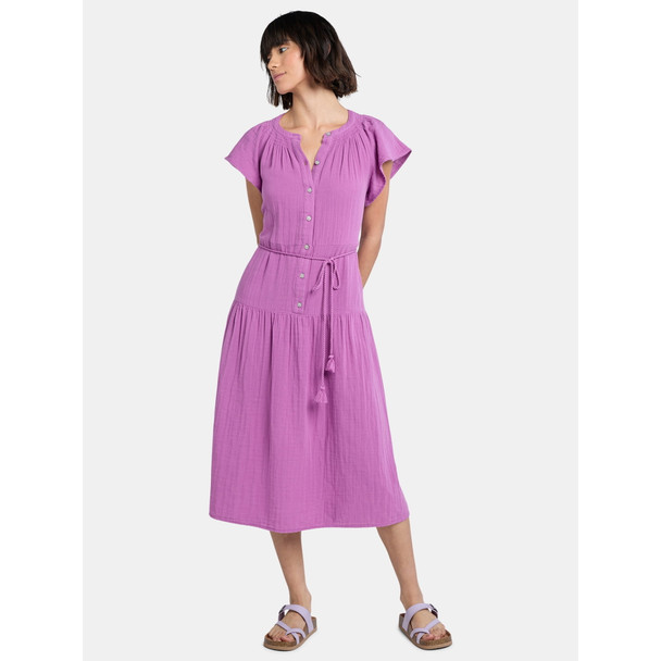 TIME AND TRU WOMEN'S DOUBLE CLOTH COTTON MIDI DRESS - SIZE: L - VIOLET SURPRISE New