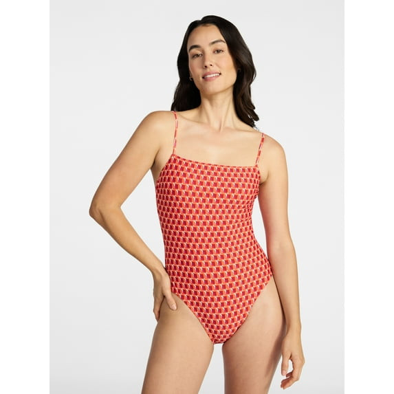 TIME AND TRU WOMEN'S PLUS SQUARE NECK ONE-PIECE SIZE MEDIUM 8-10 - TOMATO RED New