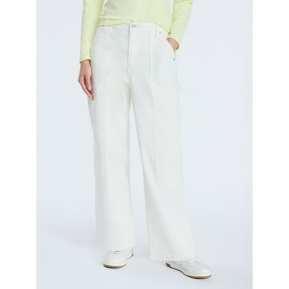 FREE ASSEMBLY CROPPED STRAIGHT LEG UTILITY JEANS - SIZE: WOMEN L - VANILLA CREAM New