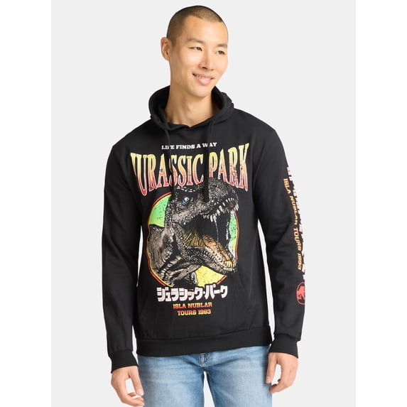 JURASSIC WORLD JURASSIC PARK MEN'S OVERSIZE PRINT HOODY - SIZE: MEN L - BLACK