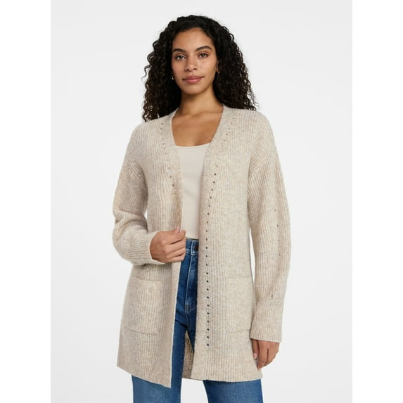 TIME AND TRU OPEN FRONT CARDIGAN SWEATER LONG SLEEVES SIZE: M - OATMEAL HEATHER New