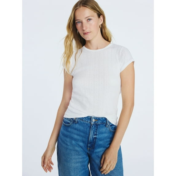 FREE ASSEMBLY POINTELLE MINI TEE SHORT SLEEVES (4-6) - SIZE: WOMEN S - CREAM 100 New