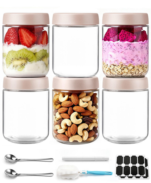 COZYVERGE 6 PACK 16 OZ OVERNIGHT OATS CONTAINERS AIRTIGHT LIDS - BEIGE