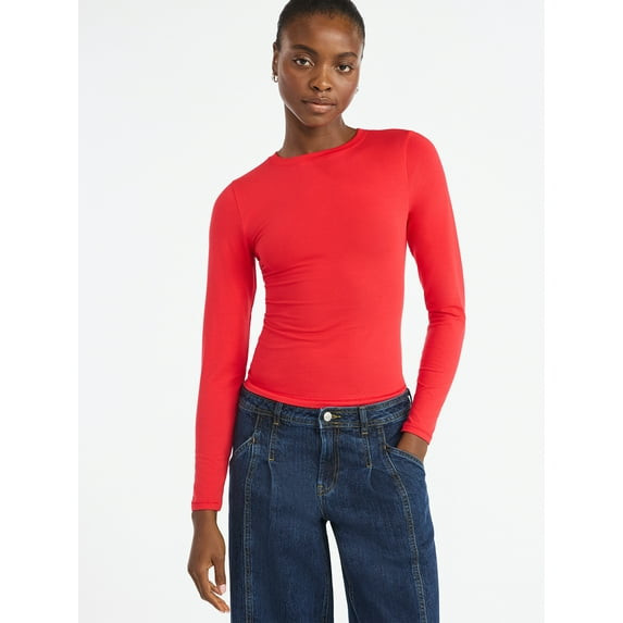 SCOOP WOMEN’S STRETCH COTTON BLEND CREWNECK TEE, LONG SLEEVES, SIZES XS - RED New