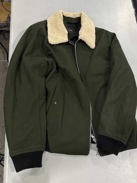 THEORY BOUCLÉ FAUX FUR COLLAR ZIP-UP COAT/JACKET - SIZE: MEN XL - OLIVE