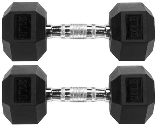 FITVIDS HEX DUMBBELLS RUBBER COATED HAND WEIGHTS, 10-50LB, 20 LB PAIR - BLACK