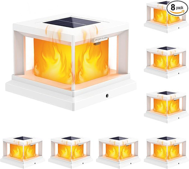 BRIGHTEVER 4X4 POST SOLAR LIGHTS WITH FLICKERING FLAME 8-PACK - WHITE