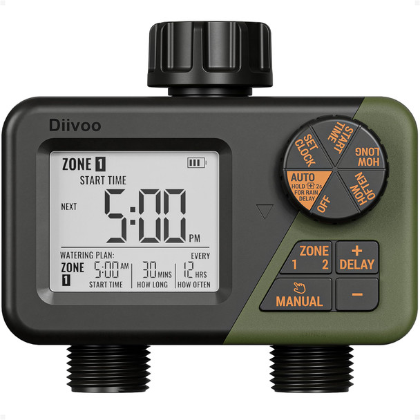 DIIVOO SPRINKLER TIMER 2 ZONE PROGRAMMABLE WATER HOSE TIMER 2 OUTLET - GREEN New