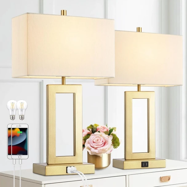 GOLD TOUCH CONTROL TABLE LAMPS SET OF 2 WITH USB PORTS AND LED BULBS - GOLD