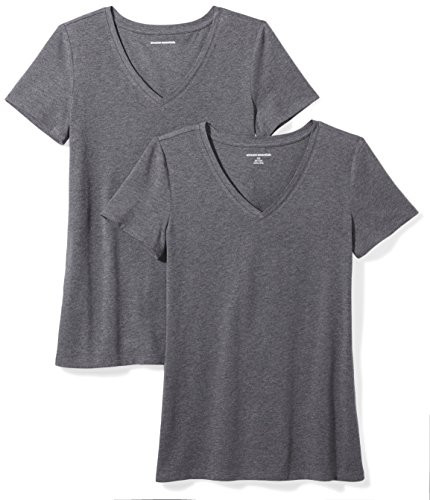 AMAZON ESSENTIALS WOMEN'S V-NECK T-SHIRT PACK OF 2 SIZE : M - CHARCOAL HEATHER