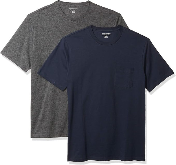 AMAZON ESSENTIALS MEN'S SHORT-SLEEVE CREWNECK T-SHIRT 2PC - SIZE: L - GRAY/BLUE
