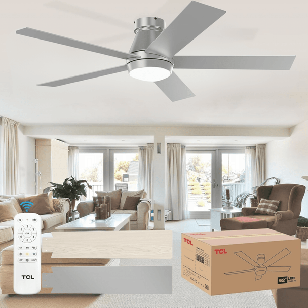TCL 52" CEILING FAN LIGHTS FLUSH MOUNT, 5 BLADE LOW PROFILE 6 SPEEDS DC - SILVER