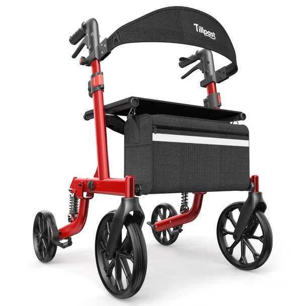 TILLPAST ALL TERRAIN FOLDING ROLLATOR WALKER FOR SENIORS WITH SEAT - RED