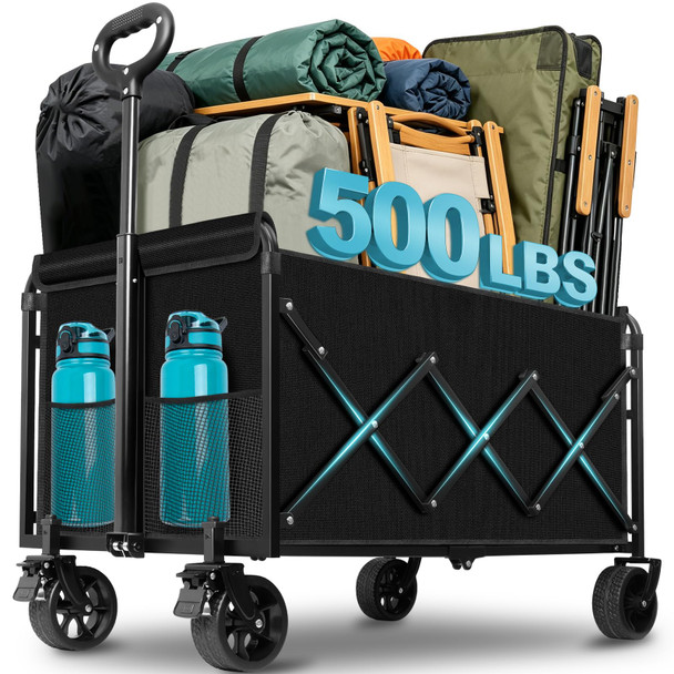 EXOVYN COLLAPSIBLE WAGON CART - FOLDING UTILITY 500LBS HEAVY DUTY (BLACK, 220L)