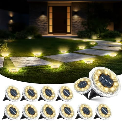 echosari 12 Pack Solar Ground Lights Anti Glare Diamond Warm White