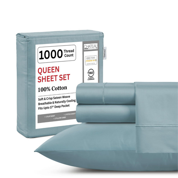 100% Cotton Sheets Queen Size Set- Luxurious, Cooling Sheets, French Blue