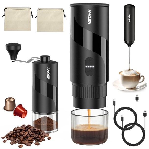 AMOSA PORTABLE ELECTRIC ESPRESSO MACHINE GRINDER MILK FROTHER AE1201 - BLACK