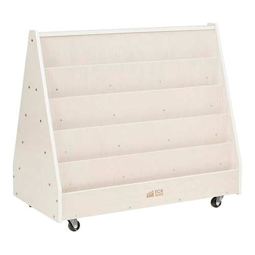 ECR4KIDS DOUBLE-SIDED MOBILE WOODEN BOOK DISPLAY AND STORAGE - WHITE WASH