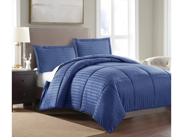 SPAIN COLLECTION 3-PIECE DOWN ALTERNATIVE SATIN STRIPE SET QUEEN - NAVY