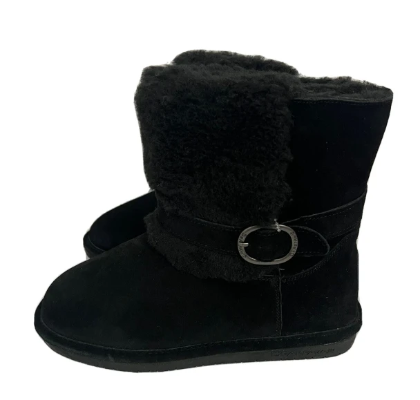 BEARPAW KIERA SUEDE FAUX FUR BUCKLED BOOT NEVERWET - SIZE: WOMEN 11 - BLACK