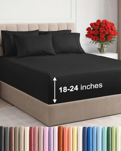 CGK LINENS Extra Deep Full Sheet Set 6 Piece Breathable and Cooling Sheets Black