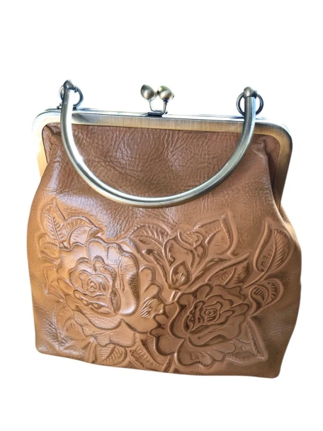 PATRICIA NASH LEATHER NOVELLA FRAME BAG W NO STRAP TAN TOOLED LEATHER - TAN