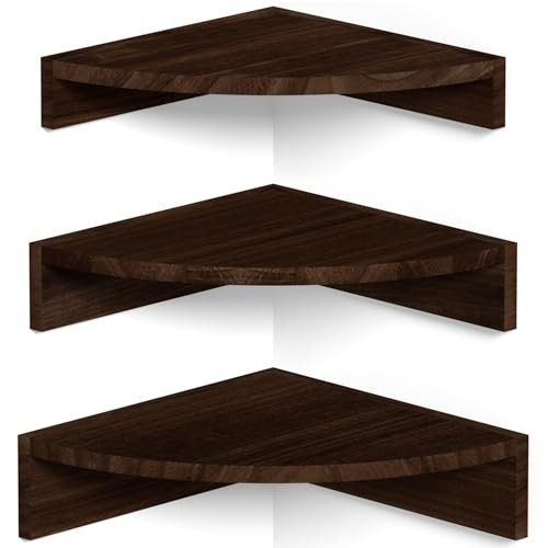 ALSONERBAY CORNER SHELF WALL MOUNT SET OF 3 FLOATING SHELVES - DARK BROWN
