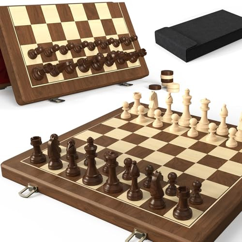 DOOWROODNI Premium Walnut 15" Magnetic Wooden Folding Chess Checkers Set - Red