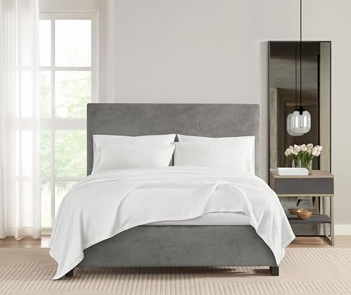 VINCE CAMUTO CLASSIC 100% BASKET WOVEN COTTON FULL/QUEEN BLANKET - WHITE