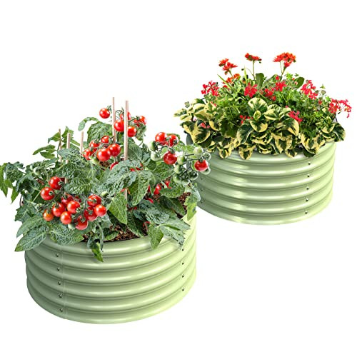 Olle Twin Round Metal Raised Garden Beds, 17" Tall 24" X 17" - SAGE GREEN
