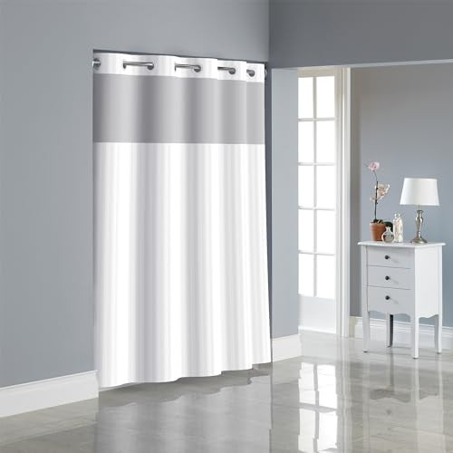Hookless It's a Snap Satin Stripe Shower Curtain, Fabric Shower Curtain White