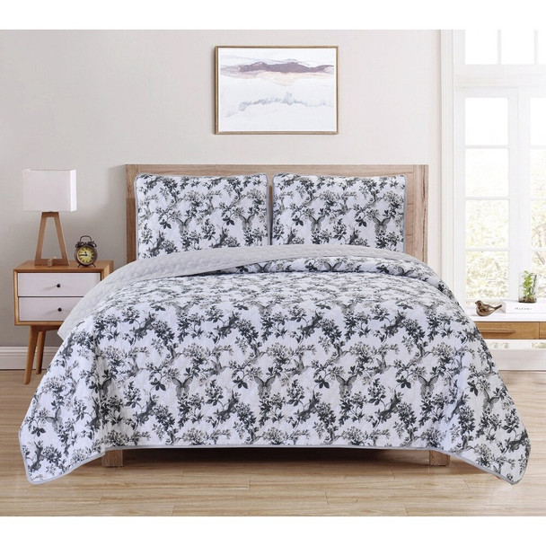 DAN RIVER REVERSIBLE PRINTED QUILT SET (3 PIECE) FULL QUEEN - GRAY New