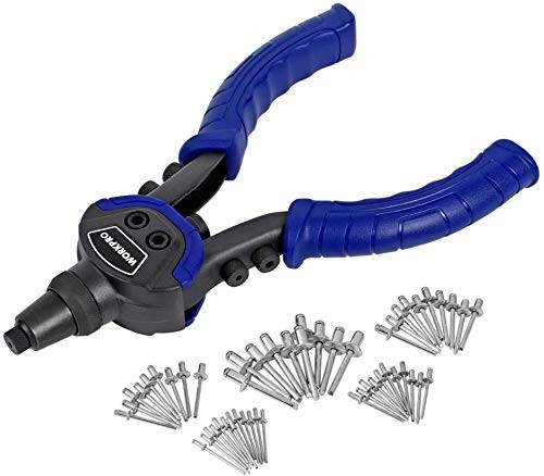 WORKPRO MANUAL RIVITER 5 INTERCHANGEABLE HEAD RIVET GUN 100 RIVETS - BLUE