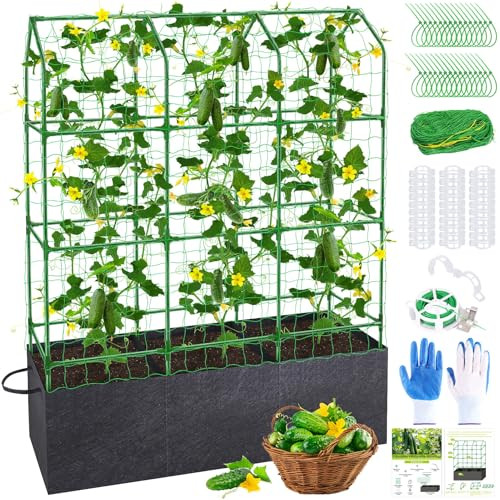 50x65x18 Inch Cucumber Trellis for Raised Bed with 46 Gallon Grow Bags