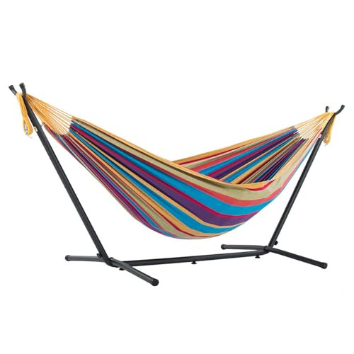 Vivere Double Cotton Hammock Space Saving Steel Stand - Tropical New