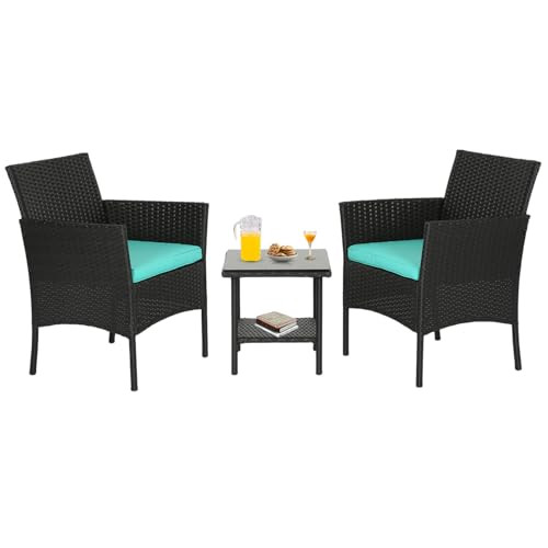 FDW 3 PIECE OUTDOOR FURNITURE PATIO WICKER CHAIRS BISTRO BACKYARD - BLUE