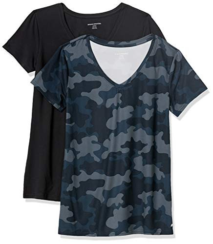 AMAZON ESSENTIALS WOMEN'S ACTIVE T-SHIRT, L, BLACK/NAVY CAMO New