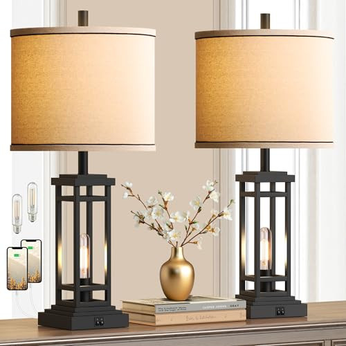 ROTTOGOON 27.5 Tall Farmhouse Table Lamps USB C + USB A Charge Ports Black