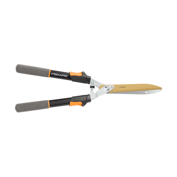 FISKARS EXTENDABLE POWER-LEVER TITANIUM HEDGE SHEARS - BLACK/ORANGE