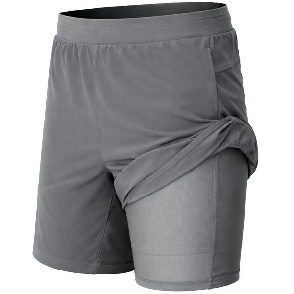 JUMP START MEN'S 2 IN 1 STRETCH GYM RUNNING SHORTS WITH LINER - GRAY - SIZE M New