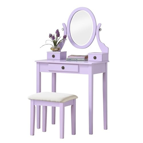 ROUNDHILL FURNITURE MONIYS WOOD MAKEUP VANITY TABLE AND STOOL SET - PURPLE