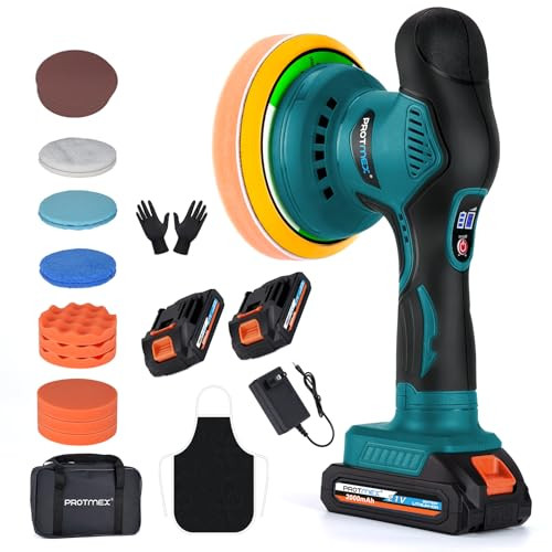 PROTMEX CORDLESS CAR BUFFER POLISHER W/ 2X2000MAH 21V BATTERIES, 21V - BLUE