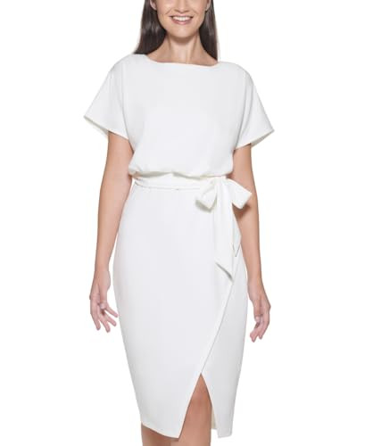 KENSIE WOMENS SHORT SLEEVE TIE WAIST MIDI DRESS SIZE: WOMEN 4 - IVORY New