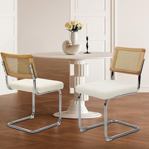 KROFEM Dining Chairs Set of 2 Modern Rattan Kitchen Chairs MID CENTURY WHITE