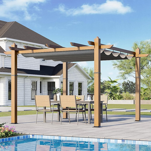 GARVEE 10X13 FT PERGOLA METAL GAZEBO RETRACTABLE CANOPY - WOODGRAIN/GRAY