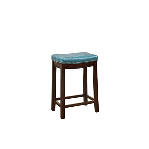 Linon Claridge Backless Counter Stool Blue Faux Leather Wood Frame Brown New
